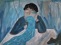 a painting of a man drinking water from a bottle