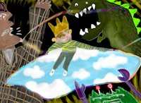 a cartoon of a boy flying over a cloud