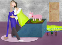 a cartoon of a man and a woman with a sheep